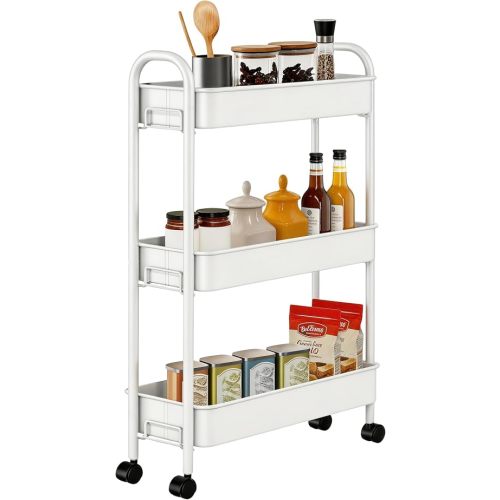 ZXICEU Slim Rolling Cart, Metal Frame Utility Rolling 3-Tier Narrow Storage Cart with Handle Kitchen Storage Organizer, Mobile Shelving Unit for Bathroom Kitchen