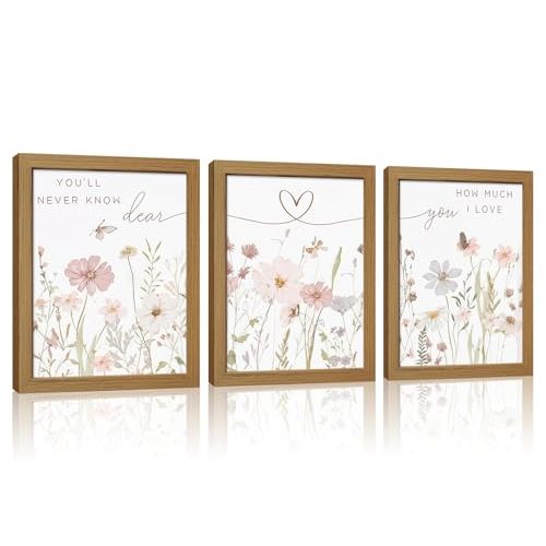 Kownzev Pink Floral Wall Art Set of 3, Watercolor Nursery Decor 12x16 | Pink floral watercolor framed wall art set of 3, heart and butterfly design for girls nursery, baby room and bedroom decor.