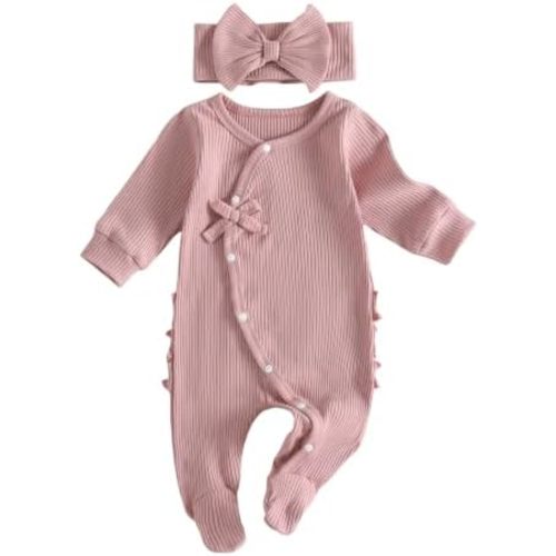 Newborn Girl coming home Outfit Baby Ribbed Knit Romper Side Tie Footed