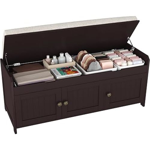 HOMEFORT 41.3" Shoe Bench with Lift Top Storage, Entryway Bench with Cushioned Seat, Wooden End of Bed Bench, Shoe Cabinet Bench with Hidden Storage Space, for Bedroom, Hallway,Espresso