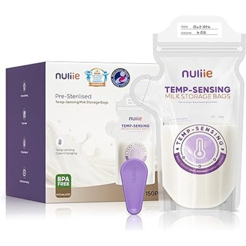 Nuliie 150pcs Temp-Sensing Breastmilk Storage Bag, Huge Temp-Sensing Icon & Locking Clamp, 6oz Breast Milk Storage Bags Freezer Pour Spout, Self Standing Milk Storage Bags Breastmilk, BPA-Free No-Leak