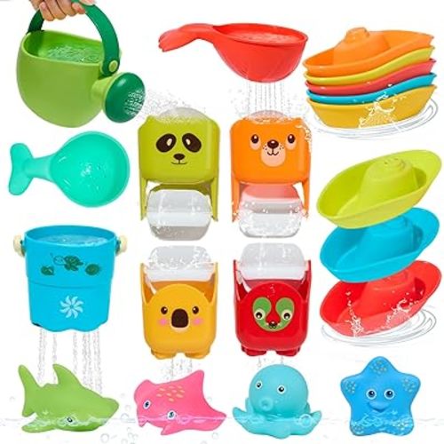 Mold Free Bath Toys, 17PCS | Safe Easy Clean Floating Boats & Rotating Waterfall Cups & Watering Can No Hole Tub Toys for Babies 12+ Months | Bathtub Sand Beach Pool Water Toys for Babies and Toddlers