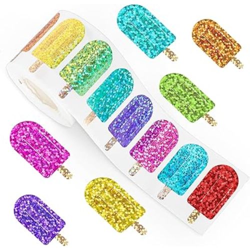 Whaline 500Pcs Ice Pop Stickers Roll Holographic Summer Popsicle Waterproof Decals 9 Colors Sparkly Ice Lolly Self-Adhesive Decorative Stickers for Envelope Journal Decor Party Supplies
