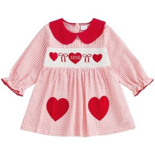 Toddler Baby Girl Valentines Day Outfit Love Heart Embroidery Dress Doll Collar Long Sleeve Smocked Dress for Kids