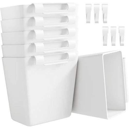 Rolling Cart Accessories, 6 Pack White Plastic Hanging Cup Holders, Rolling Cart Accessories with 6 Cup Holder and 6 Hooks, Utility Carts Accessories, Utility Cart Cup Holder, Craft Cart Organizering
