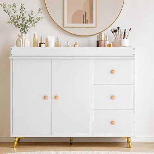 Garvee Baby Changing Table, White Wooden Dresser with 3 Drawers and Cabinet