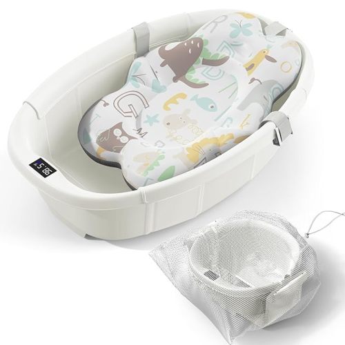 Collapsible Baby Bathtub - Large Baby Bath Tub with Thermometer & Cushion | Travel Portable Newborn Infant Bathtub | Foldable Toddler Bathtub for Baby 0 to 36 Months (Grey)
