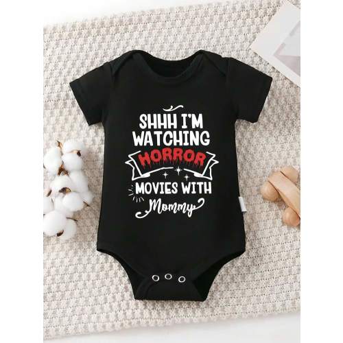 [Baby Jumpsuit] Baby Jumpsuit | I Am Watching A Horror Movie With My Mom, Letter Pattern Printing, Casual Round Neck Triangle, Perfect For Outdoor | SHEIN USA