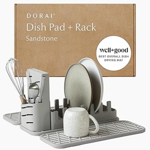 Dorai Home Collapsible Dish Drying Rack with Stone Dish Pad - Kitchen Counter Set with Diatomaceous Earth Stone Dish Mat for Quick Drying - Space-Saving Design - Original 19.9"x15.2", Sandstone