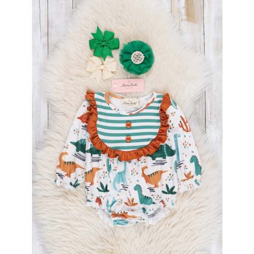 Brown & Olive Dinosaur Ruffle Bubble Romper