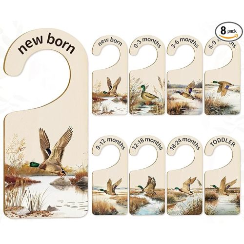 Whaline 8Pcs Baby Closet Size Dividers - Watercolor Mallard Duck Hanging Wood Organizer for Newborn to 24 Months - Thicken Wardrobe Organizer