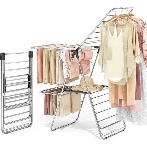 APEXCHASER Clothes Drying Rack with 4 Wings, Stainless Steel Drying Rack Clothing with Height-Adjustable, Foldable Gullwings Laundry Drying Rack, Indoor Outdoor Use, No Assembly, Black