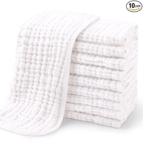 Yoofoss Muslin Burp Cloths for Baby 10 Pack 100% Organic Cotton Baby Washcloths for Boys Girls Large 20''X10'' Super Soft and Absorbent White