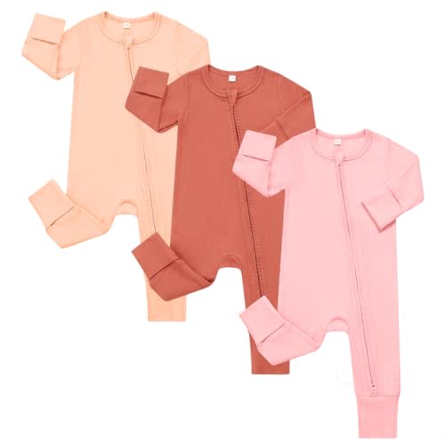 Bafeicao 3 Pack Baby Boy Girl Rompers with Mitten Cuffs, Ribbed Cotton 2 Way Zipper Romper One Piece Jumpsuits Clothes
