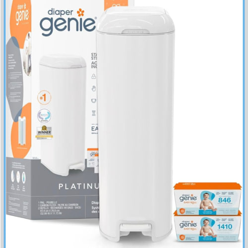 Diaper Genie Platinum Diaper Pail Gift Set | Hands-Free Odor Control with Foot Pedal | Stainless Steel Baby Diaper Pail | Includes 2 Easy Roll Refills 48 Bags Total | Baby Registry Must-Have