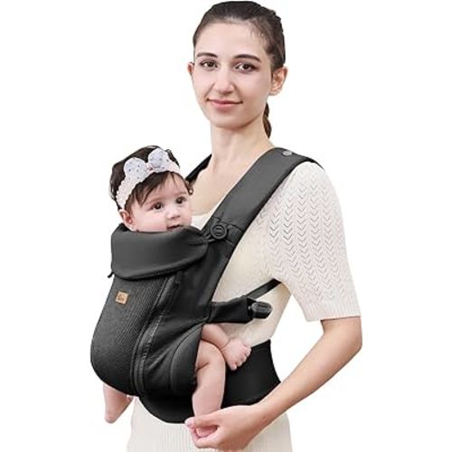 CUBY Newborn Baby Carrier with Head Support and Sunshield, Breathable & Easy Adjustable Newborn Toddler Front Baby Carriers Sling,Hands-Free Newborn Carrier up to 40lbs(Black,Upgraded-with Waist Belt)