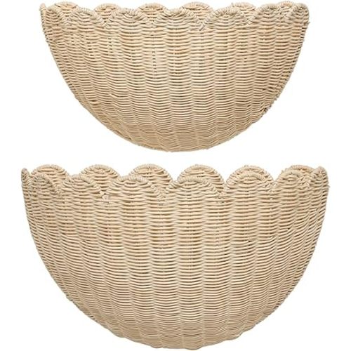 2 Pack Scalloped Wall Baskets Hanging Baskets Large and Small Decorative Woven Storage Holder for Home, Bathroom, Wall Hanging Baskets 16 x 10 x7 and 14 x 8 x 6 Inch (Natural Rattan)