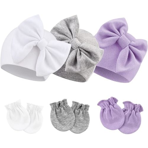 Newborn Baby Hats and Mittens Set Infant Bow Beanie Cap Toddler Gloves Newborn Hospital Hats for Baby Boy Girl Kid 0-6 Months