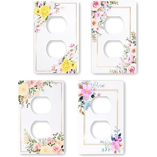 Decorative Art Light Switch Covers, Classic Floral Pattern Design Style Screwless Wall Plate, Single Gang Duplex Outlet Switchplate Electrical Faceplate (4 Pack White-A)