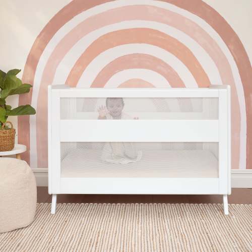 HALO 3-in-1 Convertible Wood Baby Cribs with Mesh Walls in White