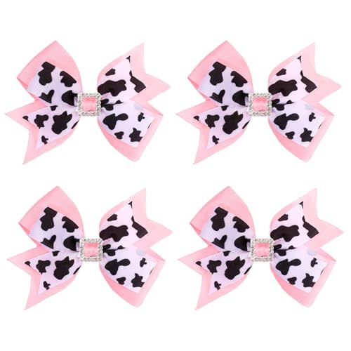 4PCS Cow Pattern Hairbow Clips for Girl,Hair Bows for Girls,Pink Cow Bow Alligator Clips Hair Accessories,Birthday Party Decor Games Gifts,Cute Holstein Moo Cow Alligator Barrettes Pigtail Pins