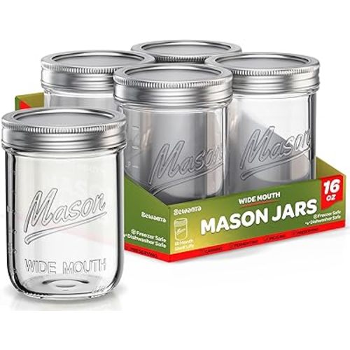 SEWANTA Wide Mouth Mason Jars 16 oz [10 Pack] With mason jar lids and Bands, mason jars 16 oz - For Canning, Fermenting, Pickling - Jar Décor - Microwave/Freeze/Dishwasher Safe.