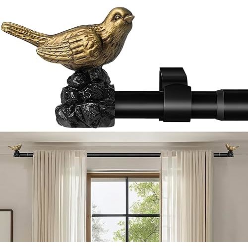 Vintage Gold Curtain Rod 18 to 45 Inches Curtain Rods for Windows Adjustable Heavy Duty Drapery Rod with Bird Finials for Kitchen Window Living Room