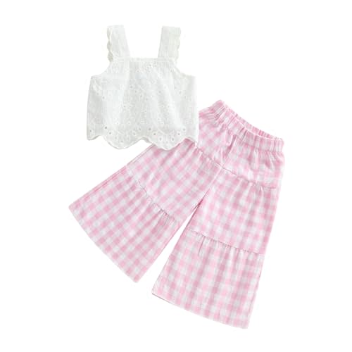 Toddler Baby Girls Summer Outfit Sleeveless Lace Trim Tank Tops and Wide Leg Pants Clothing Sets