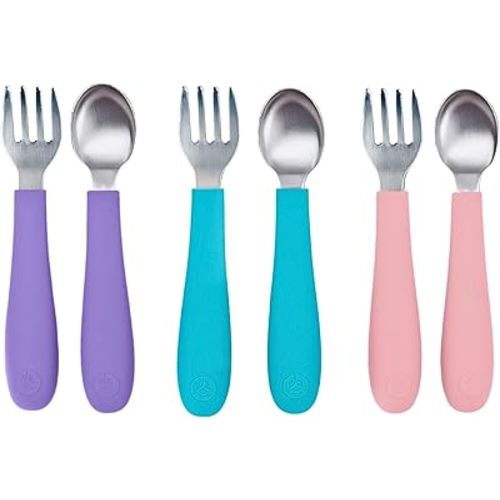 WeeSprout Toddler Utensils, 3 Forks & 3 Spoons, 18/8 Stainless Steel & Food Grade Silicone, Thick Easy-Grip Handles, Perfect Length For New Self Feeders, Gentle On Gums & Teeth, Dishwasher Safe
