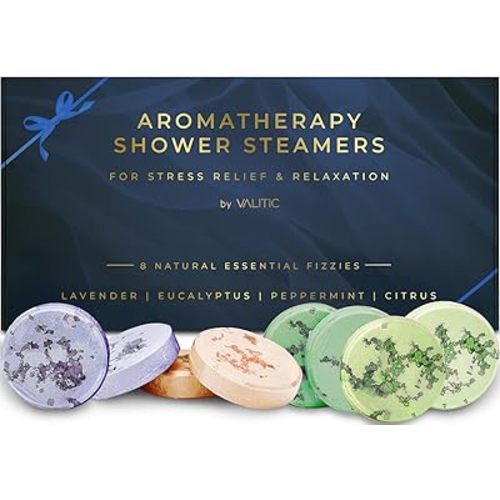 Valitic Aromatherapy Shower Steamers for Stress Relief and Relaxation - Gifts for Women Mom Birthday 8 Natural Essential Fizzies Shower Bombs - 4 Scents - Lavender, Eucalyptus, Citrus, and Peppermint