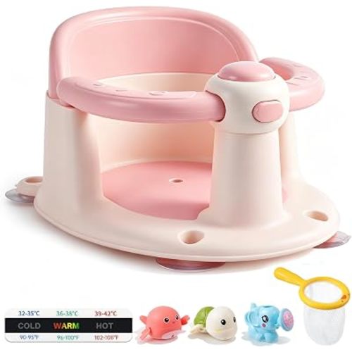 Baby Bath Seat for Babies 6 Months & Up, Temperature Alert Baby Bathtub Seat for Babies Sitting Up, Non-Slip Toddler Bath Chair, Ergonomic Backrest Infant & Newborn Bath Tub Seats with 3 Bath Toy Pink