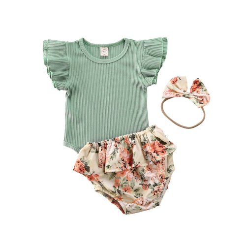 3Pcs Newborn Infant Baby Girl Clothes Ruffle Romper Bodysuit Floral Shorts Summer Outfit