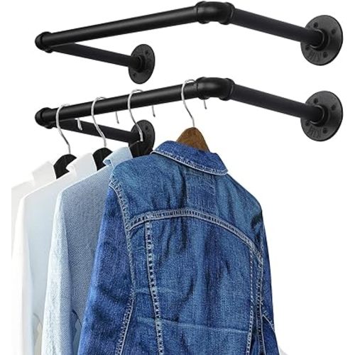 OROPY Industrial Pipe Clothes Rack 21.2” Set of 2, Heavy Duty Wall Mounted Black Iron Garment Bar, Multi-Purpose Clothing Hanging Rod for Laundry Room and Closet Storage