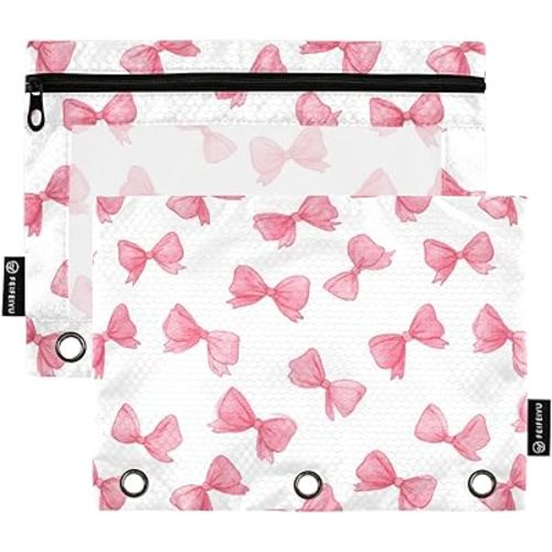 Binder Pouches,Pink Bows Ribbons Pencil Pouch for 3 Ring Binder 2 Pack Clear Pencil Bag with Zipper for Office School Supplies