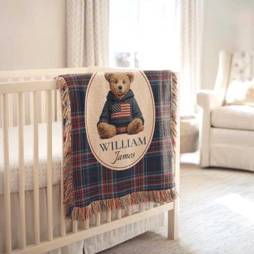 Personalized Polo Teddy Bear Blanket Custom Baby Shower Gift Tartan Plaid Name Blanket Vintage Nursery Decor For Boys Jacquard Keepsake Gift