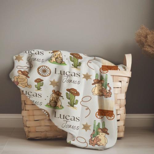Cowboy Winnie The Pooh Blanket, Custom Baby Name Western Blanket Western Cowboy Baby Blanket, Horse Nursery Country Western Vintage Boy