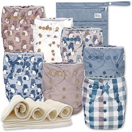 Nora's Nursery Cloth Diapers 7 Pack with 7 Inserts & 1 Wet Bag - Waterproof Cover, Washable, Reusable & One Size Adjustable Pocket Diapers for Newborns and Toddlers - Winter Waddle