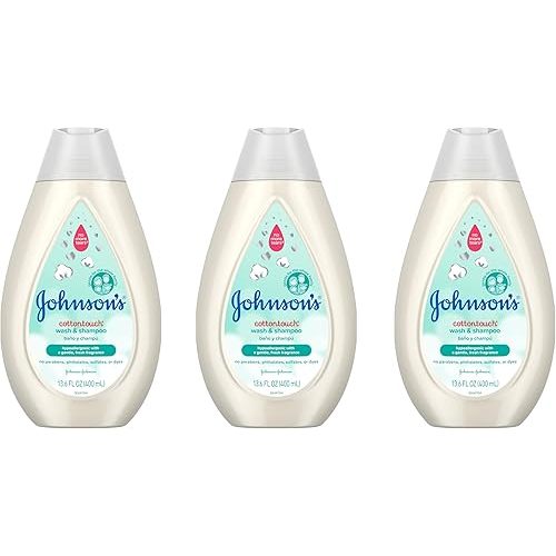 Johnson's CottonTouch Newborn Baby Wash & Shampoo with No More Tears, Sulfate-, Paraben- Free for Sensitive Skin, Made with Real Cotton, Gently Washes Away Dirt & Germs, 13.6 fl. oz, Pack of 3