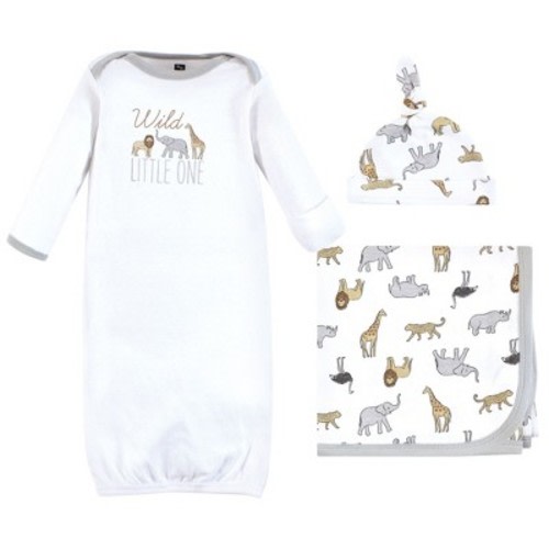 Hudson Baby Gown, Swaddle Blanket and Cap or Headband, Modern Neutral Safari, 0-6 Months