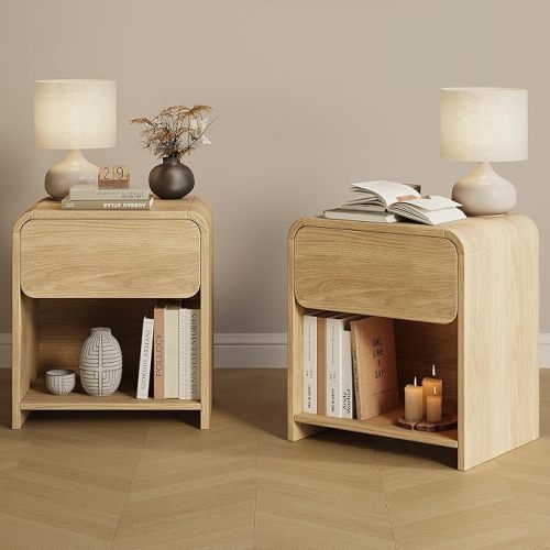 Set of 2 Nightstands, Bedside Table with Open Shelf,Night Stand with Drawer Storage,Wooden End Table for Bedroom,Side Table Natural Oak
