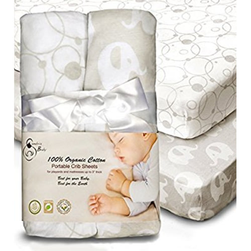 100% Organic Cotton Sheets for Pack 'n Play and other Portable/ Mini Cribs, Gray/White Unisex 2 Pack, Playard or Mattress