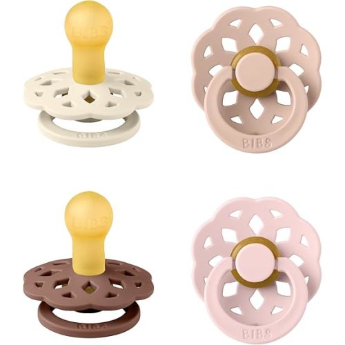 BIBS Boheme Round Nipple Pacifier Set for 0–6 Months | BPA-Free Natural Rubber Latex Soothers | Infant Comfort Teats | 4-Pack | Made in Denmark | Blush Mix