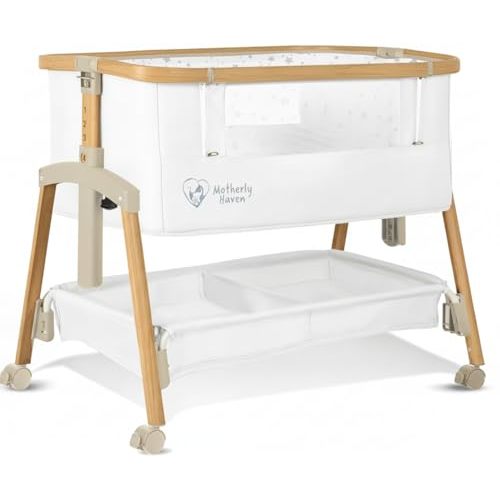 Motherly Haven Baby Bassinet Bedside Sleeper, Portable Crib for Newborns, Adjustable 7-Height Auto-Lock, with Wheels, Soft Mattress & Breathable Mesh