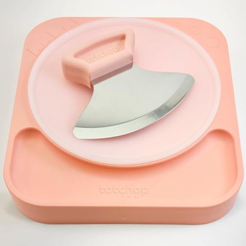 Sharp Rocker Knife for Adults – Chef-Grade Kitchen Knife for Parents and Kids 12+ with Non-Slip Cutting Board, Dishwasher Safe, One-Handed Meal Prep, Microplastic-Free Insert (Sweet Peach)