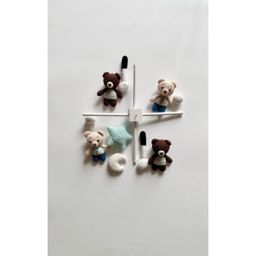 Teddy bears play golf club baby mobile, Baby Crib Mobile, Crochet bears, teddy bears mobile nursery, Teddy bear with star and golf balls.