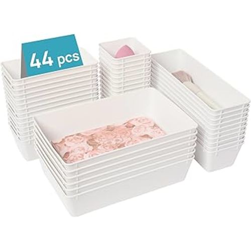 Vtopmart 44 PCS Plastic Drawer Organizers Set, 4-Size Versatile Bathroom and Vanity Organizer Trays, Non-Slip Storage Containers for Makeup, Jewelries, Bedroom，Kitchen Utensils and Office, White