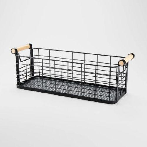 13.75" x 6" x 6" Small Rectangular Wire Natural Wood Handles Basket Black - Brightroom™: Metal Storage, Powder-Coated