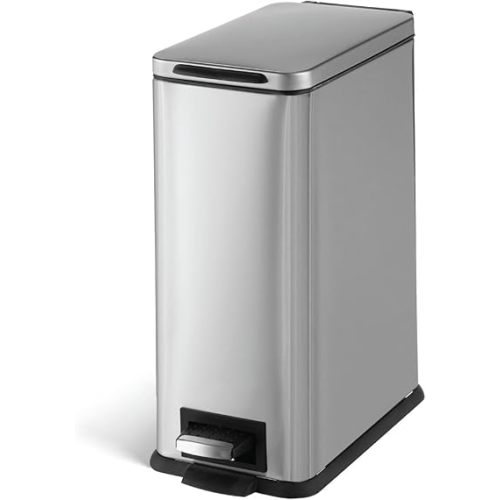 Home Zone Living 3 Gallon Small Trash Can with a Lid and Step Pedal, Stainless Steel with Slim Design for Home and Office, Silver, 10 Liters