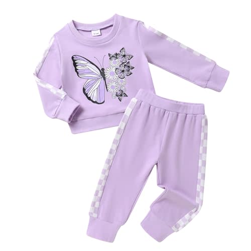 YOUNGER TREE Baby Girl Fall Clothes Toddler Sweatsuit Butterfly Print Long Sleeve Sweatshirt Top and Sweatpants Set