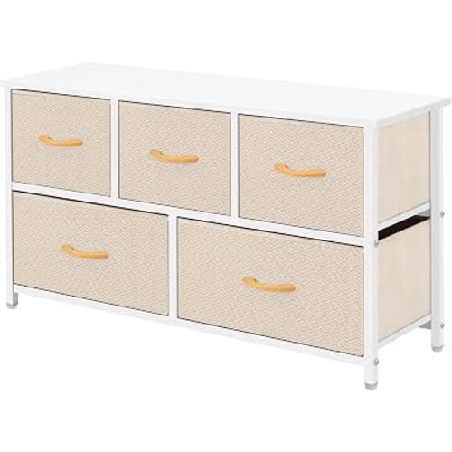Extra Wide Dresser Storage Tower with Sturdy Steel Frame,5 Drawers of Easy-Pull Fabric Bins, Organizer Unit for Bedroom, Hallway, Entryway, Ivory, 22x39.37x11.8 inches